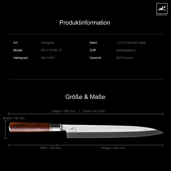 KE-Y14166-10_10_KEMP&ECKEWeide Yanagiba Sashimi Sushi Messer 24 cm Klinge aus 1.4116 German Steel mit Griff aus Dalbergiaholz _Produktinformation